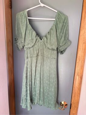 Light Sage Puff Sleeve Button-Front Dress